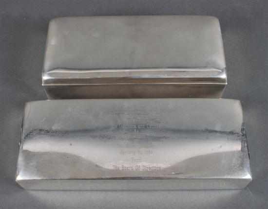 Appraisal: Two American sterling silver cigarette boxes with engraved inscriptions Poole