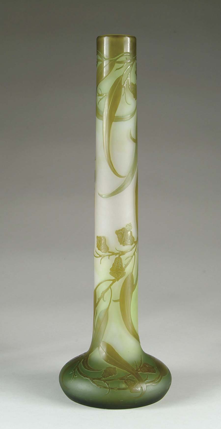 Appraisal: MONUMENTAL GALLE STICK VASE Soft green to frost background glass