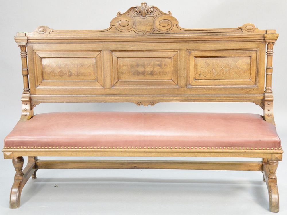 Appraisal: Oak bench with leather seat ht in lg in Provenance