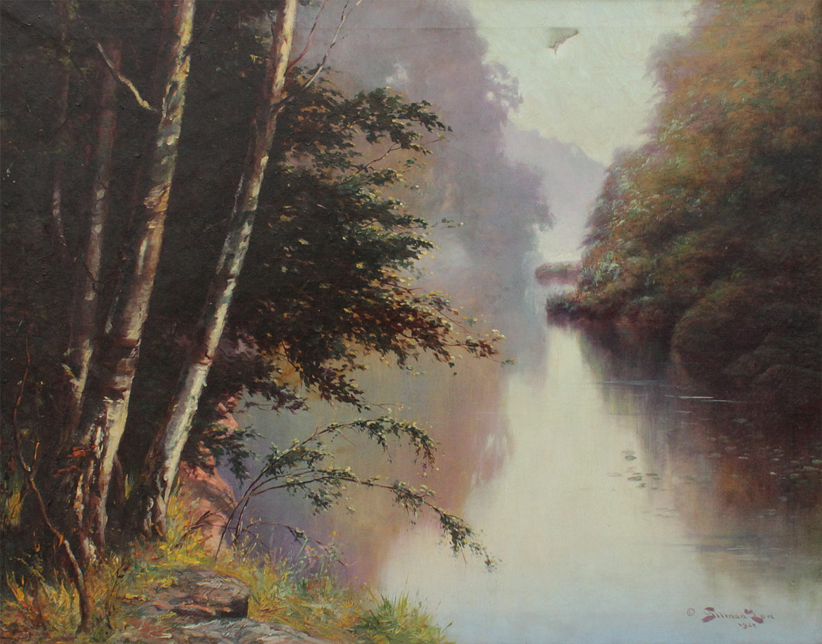 Appraisal: LOW William Gilman American th C Hazy river landscape O