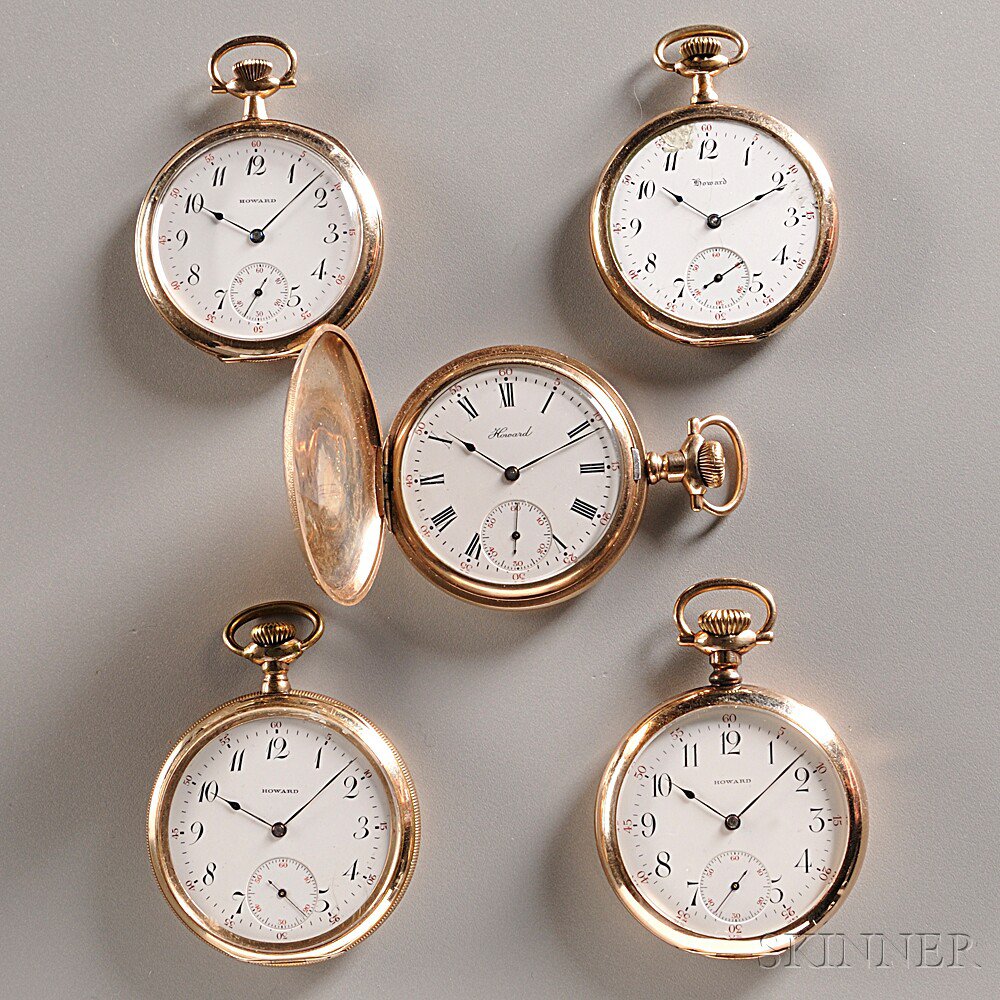 Appraisal: Five Howard Gold-filled Watches Boston all with porcelain dials with