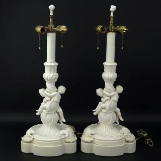 Appraisal: Pair of th Century Sevres Style Bisque Cherub Figural Lamps