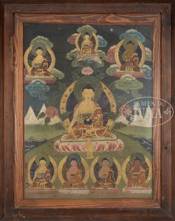 Appraisal: FRAMED THANGKA OF PADMASAMBHAVA The framed Thangka depicts Padmasambhava seated