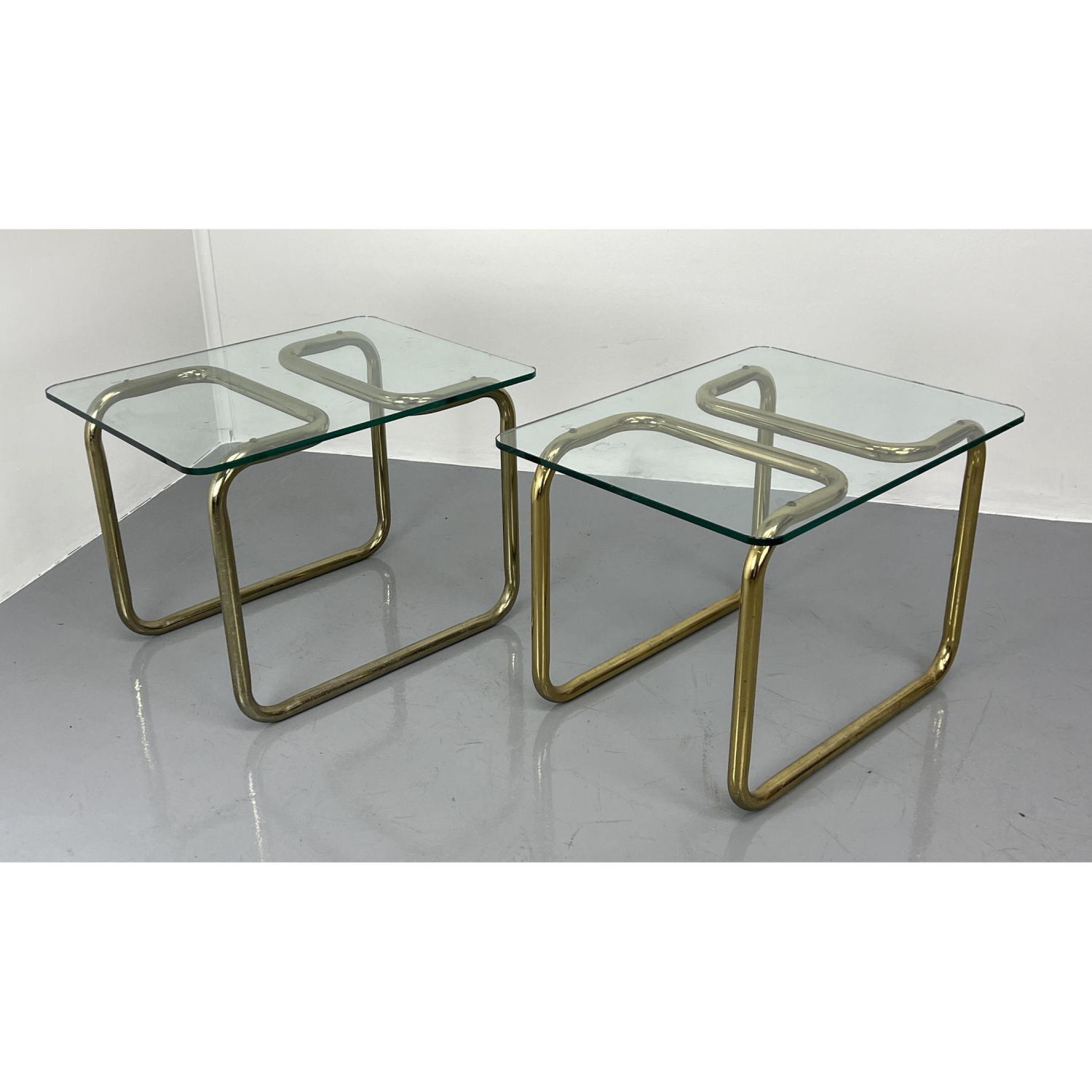 Appraisal: Pr Gold Tone Tube Glass Top Side End Tables Modernist