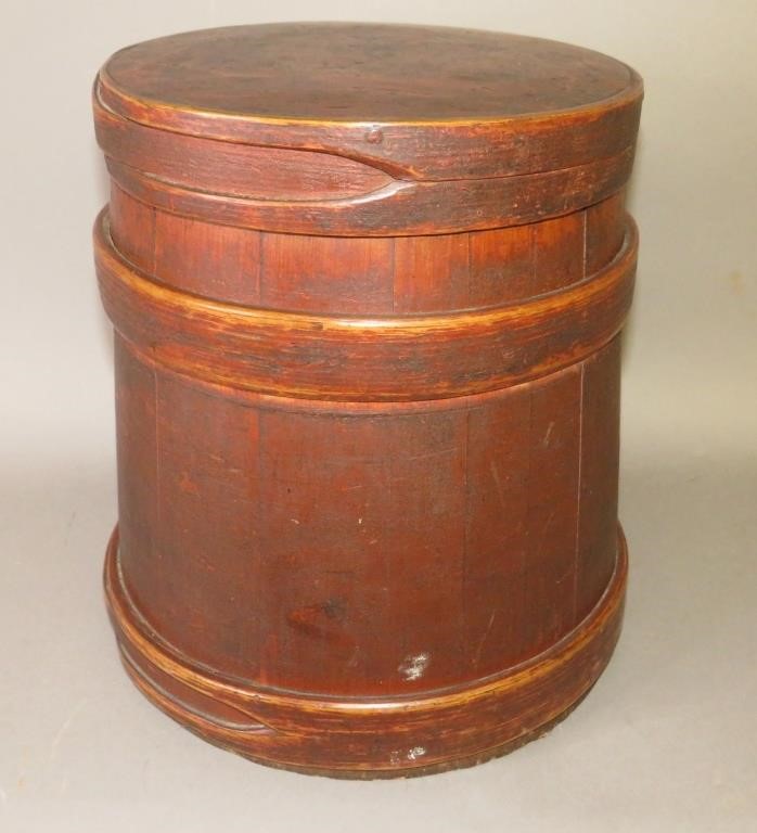 Appraisal: RED PAINTED HANDLELESS FIRKIN SALT STORAGE CONTAINca early form construction