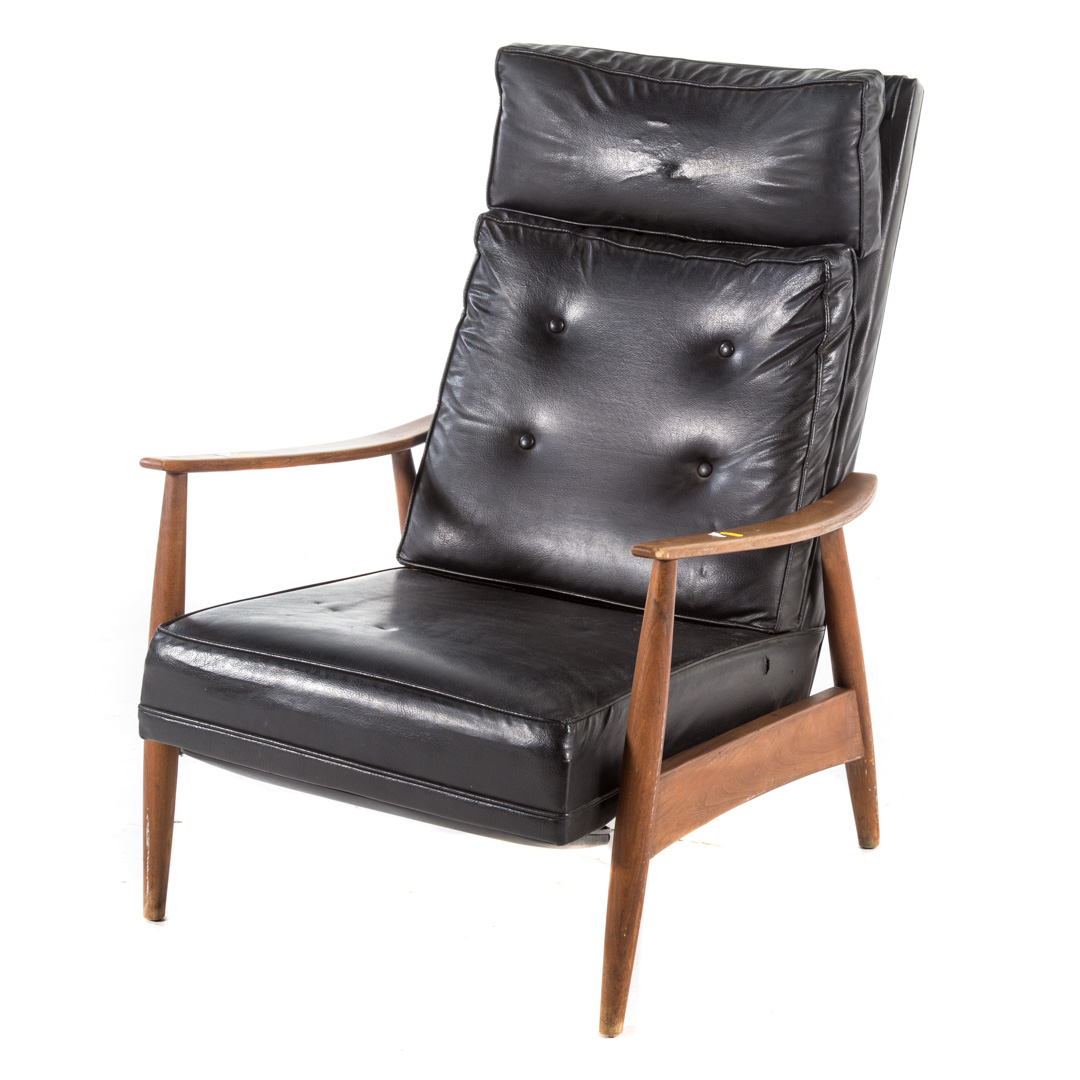 Appraisal: Danish Modern style walnut upholstered recliner black leather or vinyl