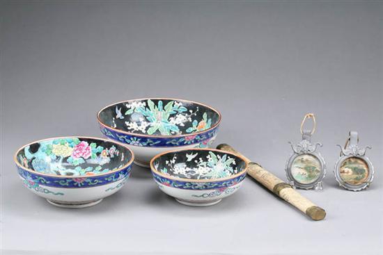 Appraisal: GROUP OF ASIAN ITEMS Three porcelain nesting bowls hand decorated