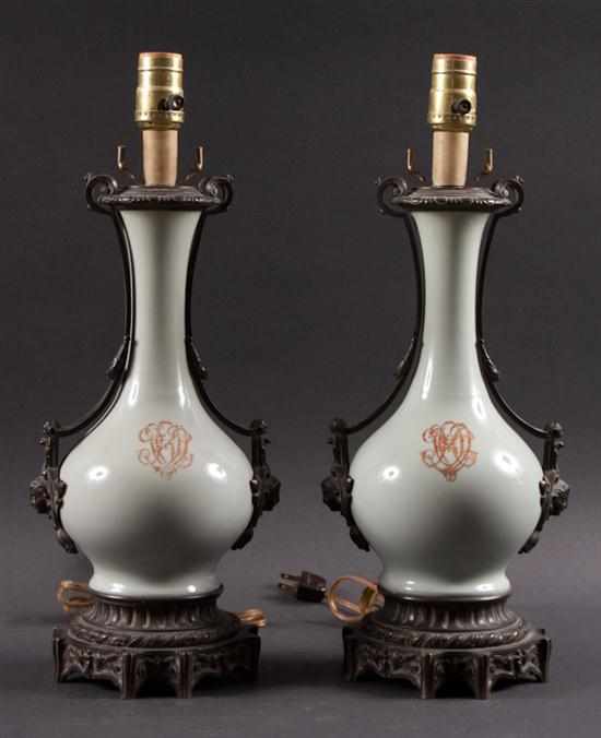 Appraisal: Pair of Chinese bronze-mounted celadon porcelain bottle-form vases mounted as