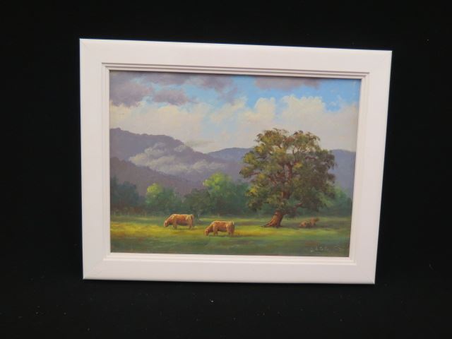 Appraisal: Gayle Tate oil landscape with cows mountains in distance well