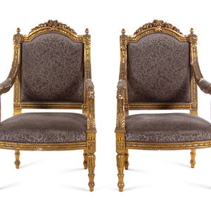 Appraisal: A Pair of Louis XVI Style Giltwood Fauteuils First Half