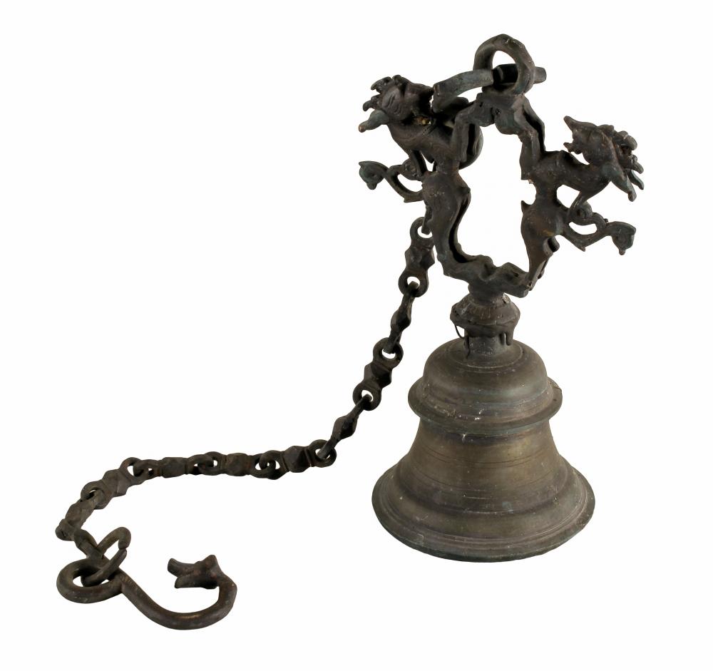 Appraisal: ASIAN BRONZE IRON BELLwith later-added figural decoration to top Condition