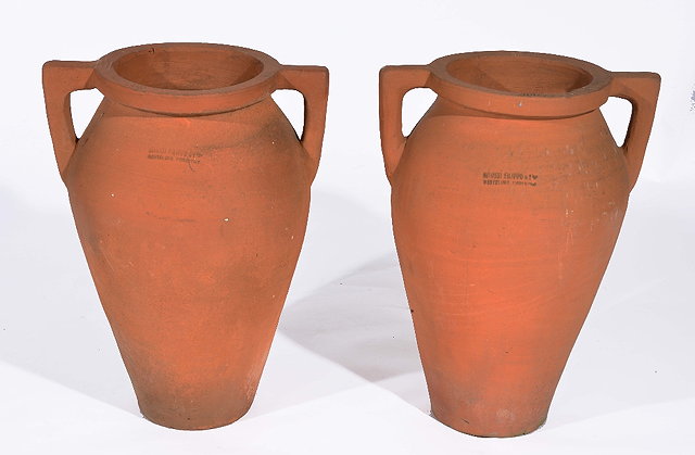 Appraisal: Pair of terracotta two handled amphoraimpressed Bitossi Filippo Montelupo Fiorentino