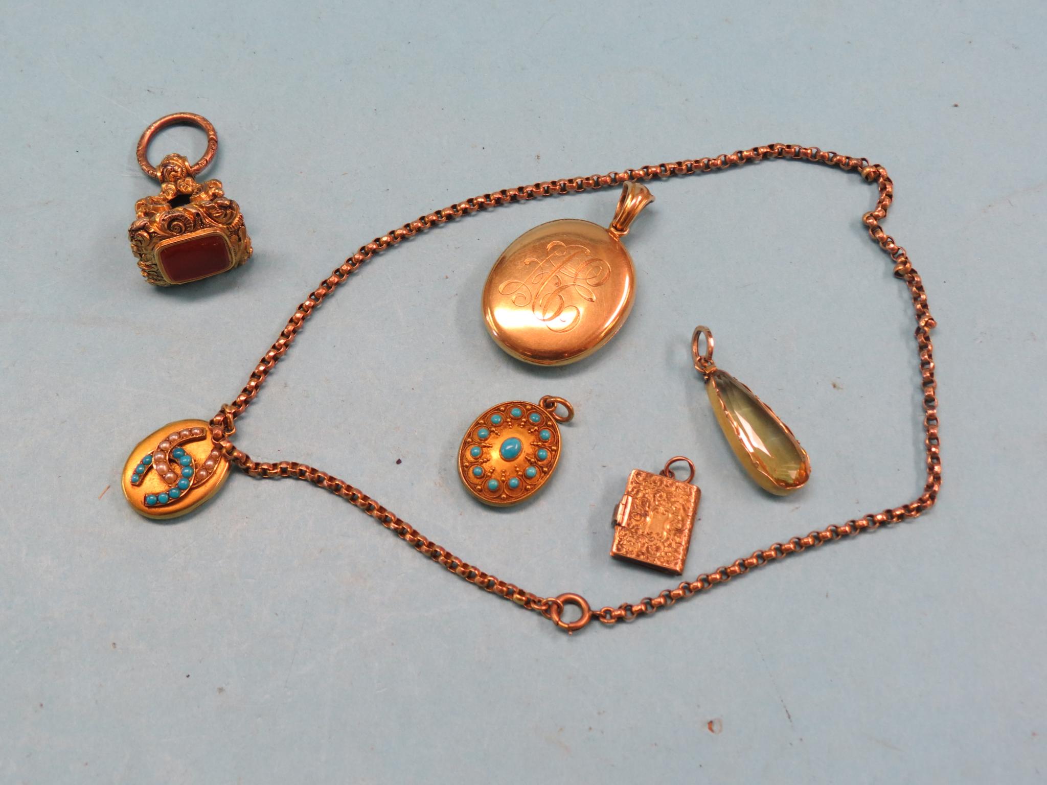 Appraisal: A yellow metal pendant set seed-pearls and turquoises on ct