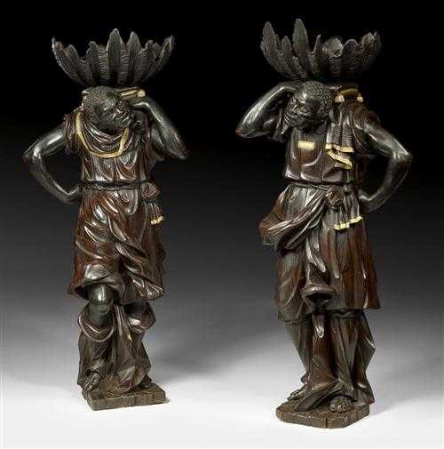 Appraisal: PAIR OF SCULPTURES OF MOORS AS PORTE-TORCHERES late Baroque Northern