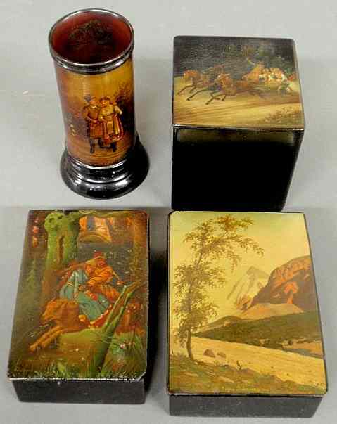 Appraisal: Four th c Russian lacquerware decorated pieces- box decorated with