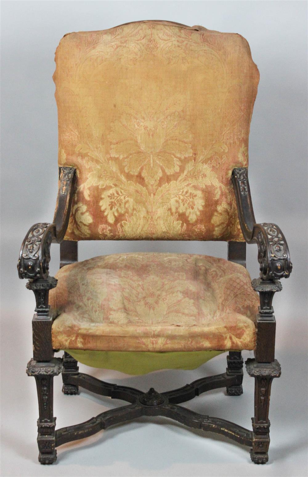 Appraisal: REGENCE STYLE CARVED WALNUT THRONE CHAIR upholstered in foliate dusty