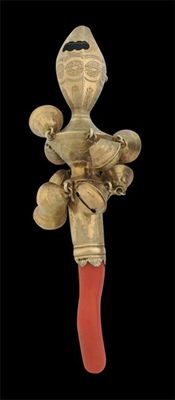 Appraisal: A George III silvergilt child's rattle bright engraved with a