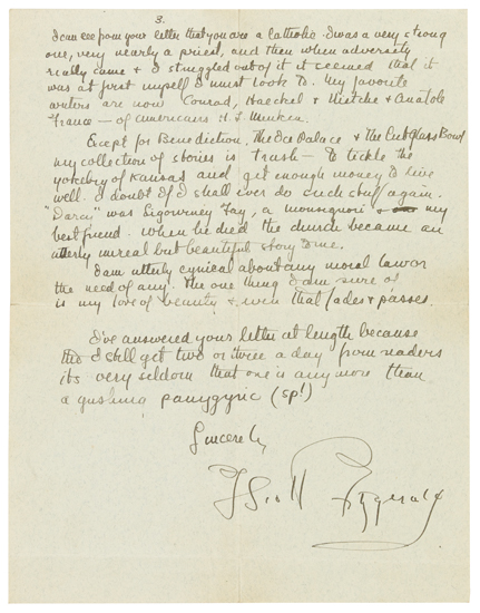 Appraisal: FITZGERALD F SCOTT Autograph Letter Signed to John J Fitzgerald