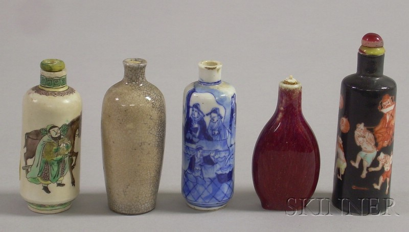 Appraisal: Five Porcelain Snuff Bottles China th century famille verte flambe