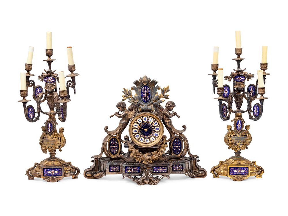 Appraisal: A Napoleon III Gilt Bronze and Enamel Clock Garniture A