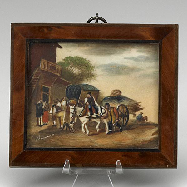 Appraisal: MINIATURE LANDSCAPE ON IVORYHorse-drawn hay wagons th th c Signed