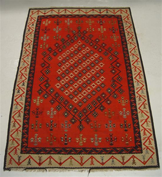 Appraisal: Semi-Antique Kilim Oriental Rug Red ground with black and ivory