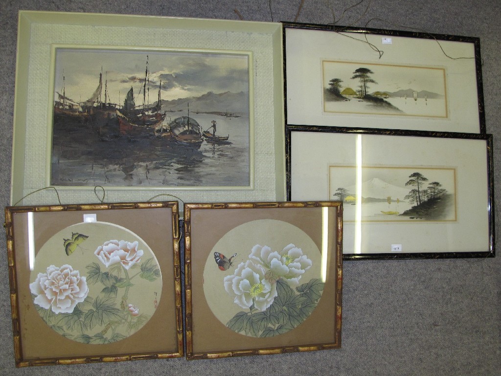 Appraisal: Lot comprising four Oriental prints and one oil on canvas