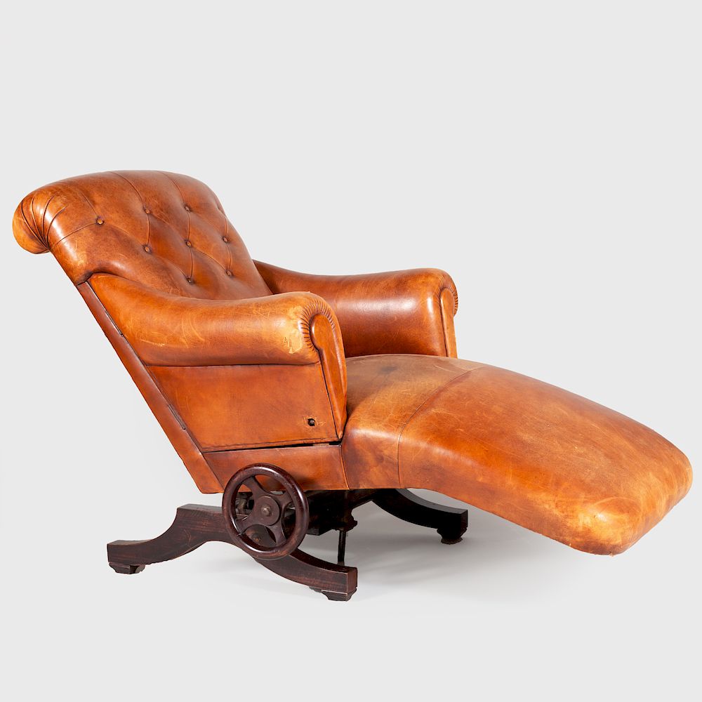 Appraisal: Unusual French Leather and Stained Wood Reclining Chaise Lounge Fitted