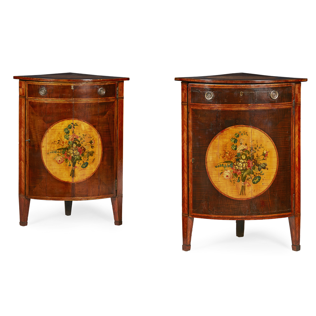 Appraisal: GOOD PAIR OF LATE GEORGE III HAREWOOD SATINWOOD AND POLYCHROME