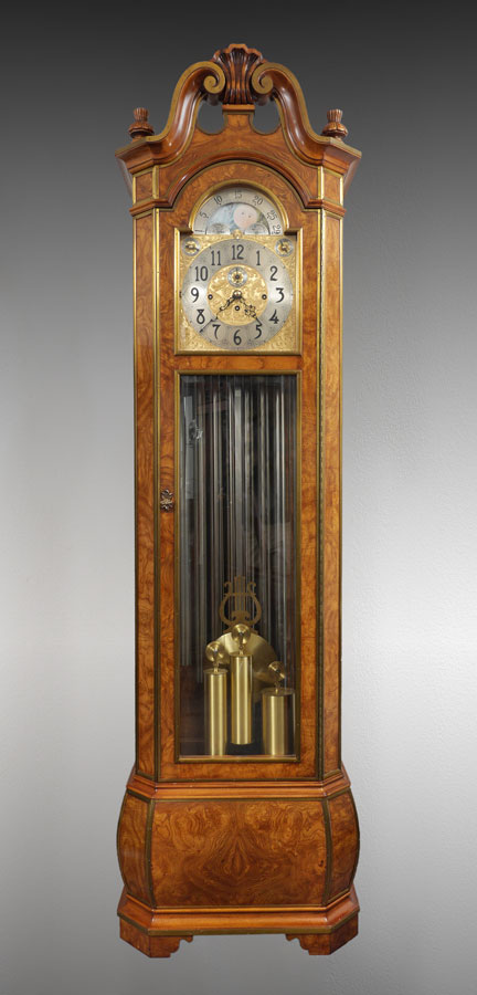 Appraisal: FINE BURL HERSCHEDES TUBE TALL CASE CLOCK Burl olive ash