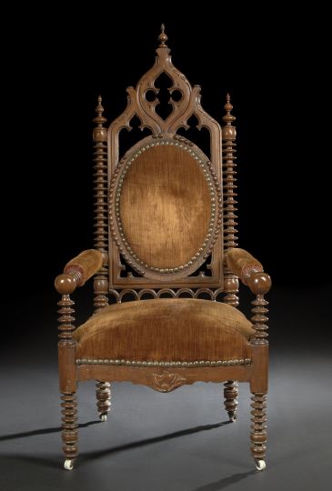 Appraisal: American Gothic Revival Walnut Armchair mid- th century the back