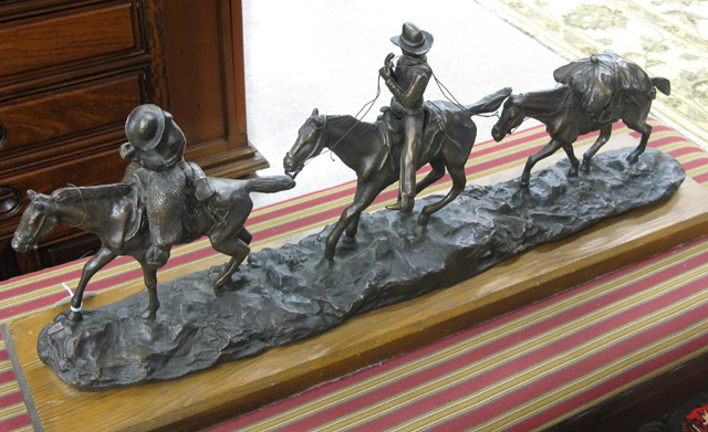 Appraisal: AFTER CHARLES M RUSSELL BRONZE FIGURAL GROUP Two mounted cowboys