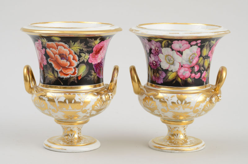 Appraisal: PAIR OF DERBY PORCELAIN CAMPANI-FORM URNS Marked in underglaze iron