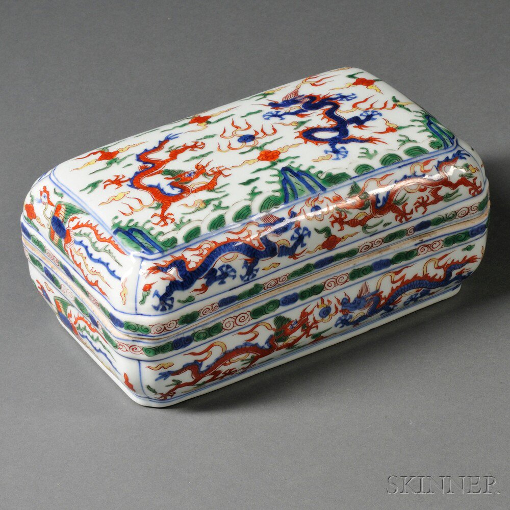 Appraisal: Wucai Box with Dragons and Phoenixes China th century oblong