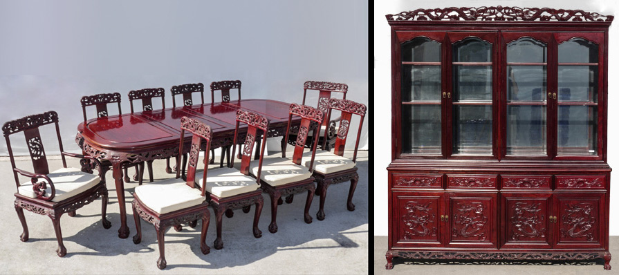 Appraisal: CARVED MAHOGANY ORIENTAL MOTIF DINING SET pieces total to include