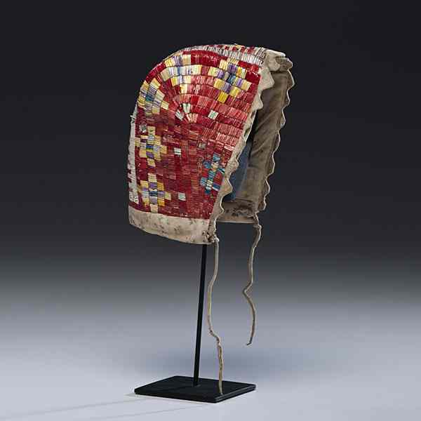 Appraisal: Sioux Child's Quilled Hide Bonnet thread-sewn with plaited quillwork in