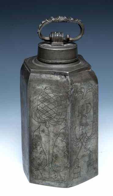 Appraisal: AN TH CENTURY HEXAGONAL PEWTER CANISTER with screw top cover