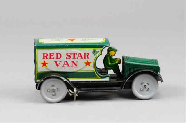 Appraisal: STRAUSS RED STAR VAN Lithographed tin green and white van