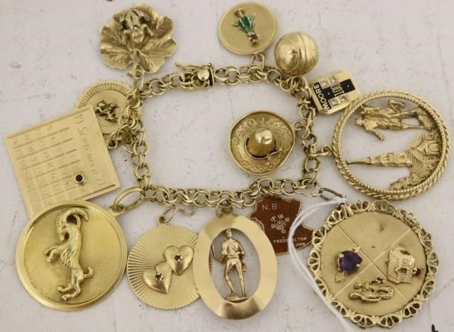 Appraisal: KT GOLD CHARM BRACELET WITH CHARMS TOINCLUDE ONE LARGE KT