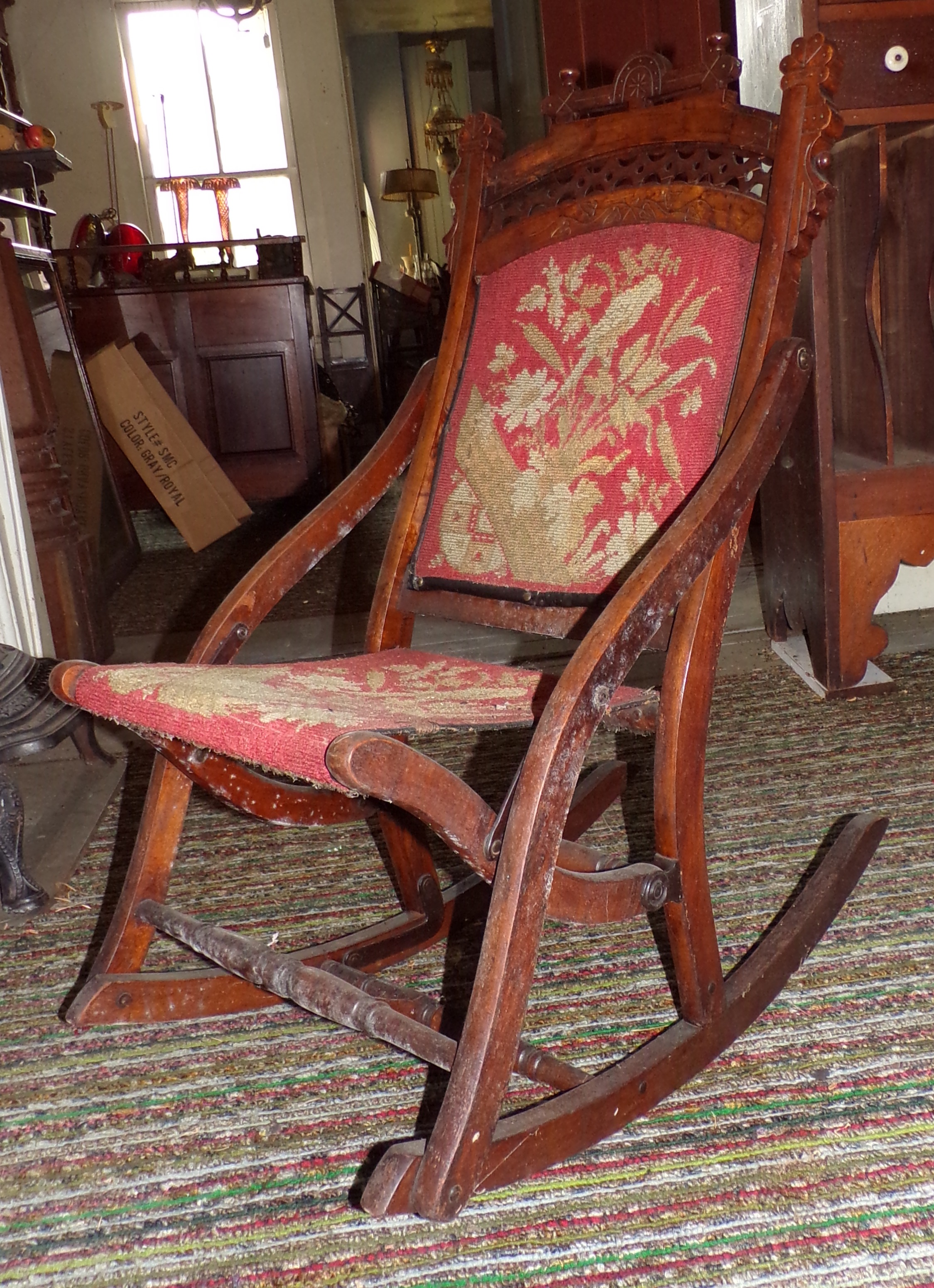 Appraisal: Victorian needlepoint camp chair