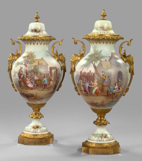 Appraisal: Large Pair of Sevres-Style Porcelain Covered Garniture Vases fourth quarter