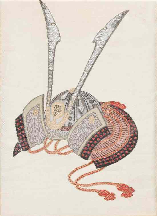 Appraisal: An Embroidered Textile Panel of a Samurai Helmet framed x