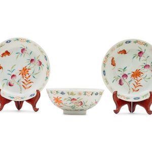 Appraisal: Three Chinese Famille Rose 'Peaches and Bats' Porcelain Articles TH