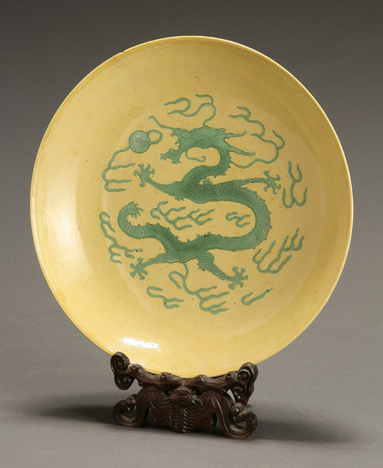 Appraisal: Chinese Yellow-Ground 'Green Dragon' Deep Dish th Century With underglazed