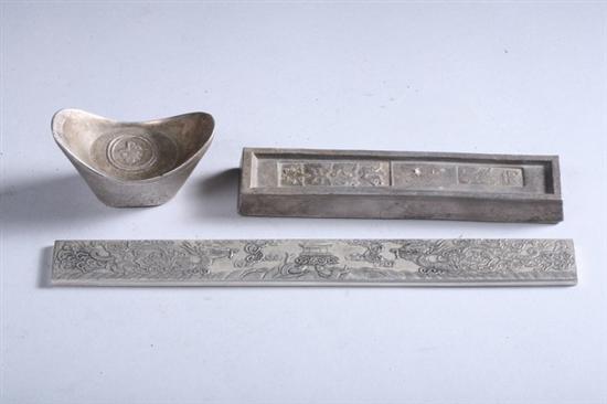 Appraisal: TWO CHINESE SILVER BARS Together with a silver yuanbao with