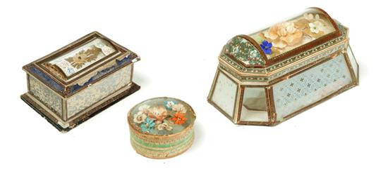 Appraisal: THREE TRINKET BOXES Probably European nd half- th century pasteboard