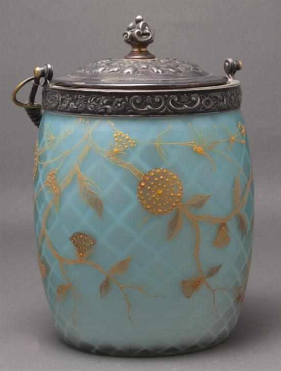 Appraisal: English silver-plated-mounted gilt enamel decorated satin glass biscuit jar late