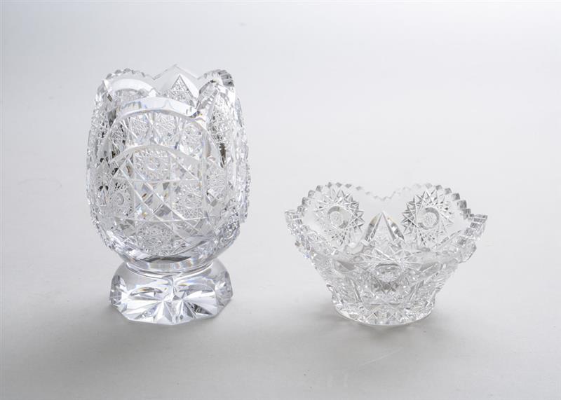 Appraisal: THREE CUT-GLASS ARTICLES Comprising a footed vase an olive dish