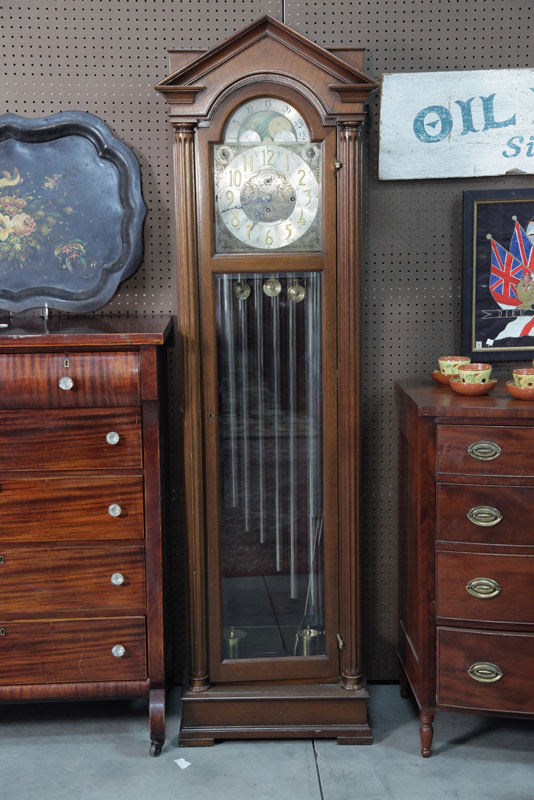 Appraisal: COLONIAL MFG GRANDFATHER'S CLOCK Mahogany cased clock having a steepled