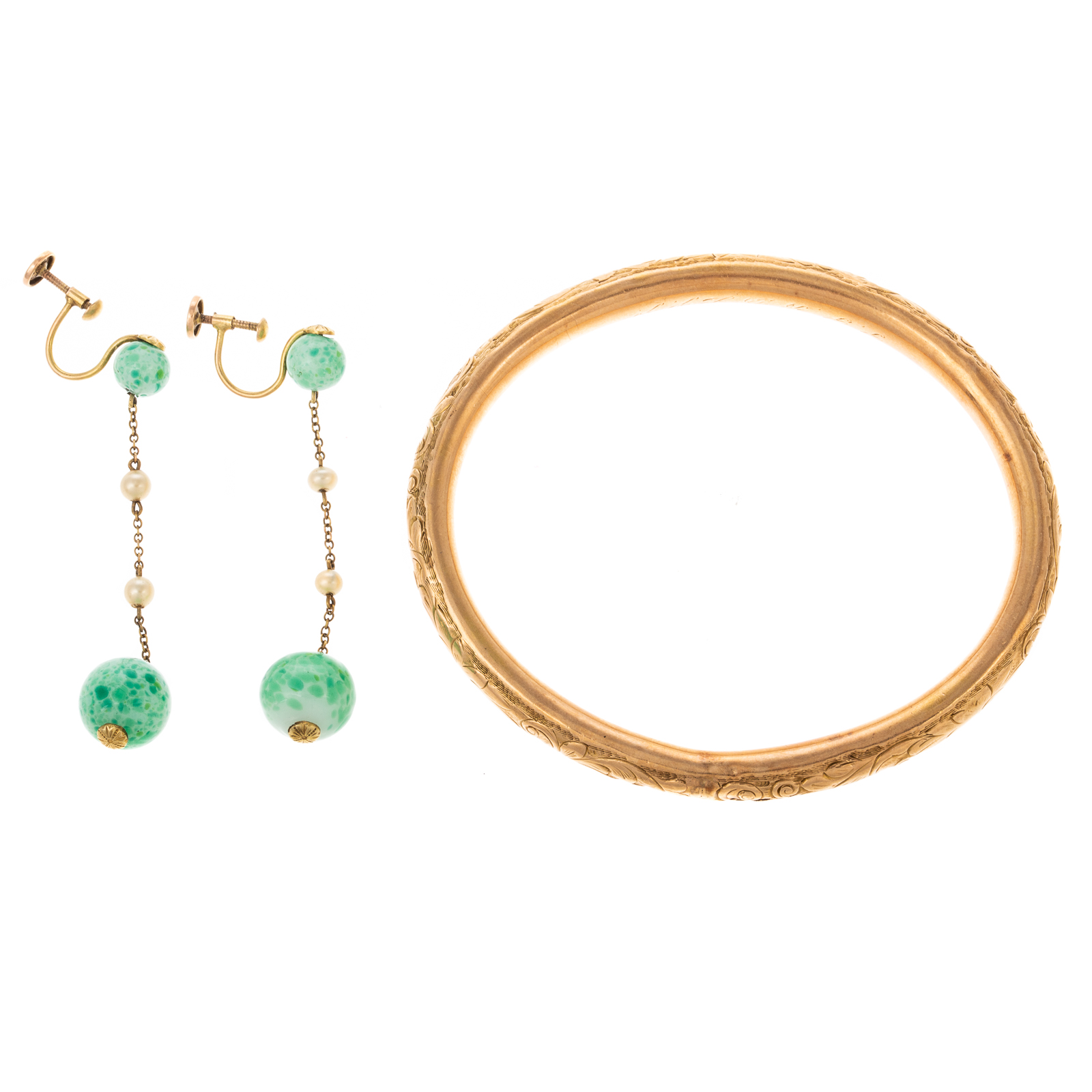 Appraisal: A K ENGRAVED BANGLE BRACELET JADE EARRINGS K yellow gold